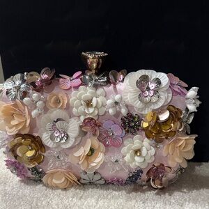 Embellished Floral Sequin Clutch in Pink, White & Gold